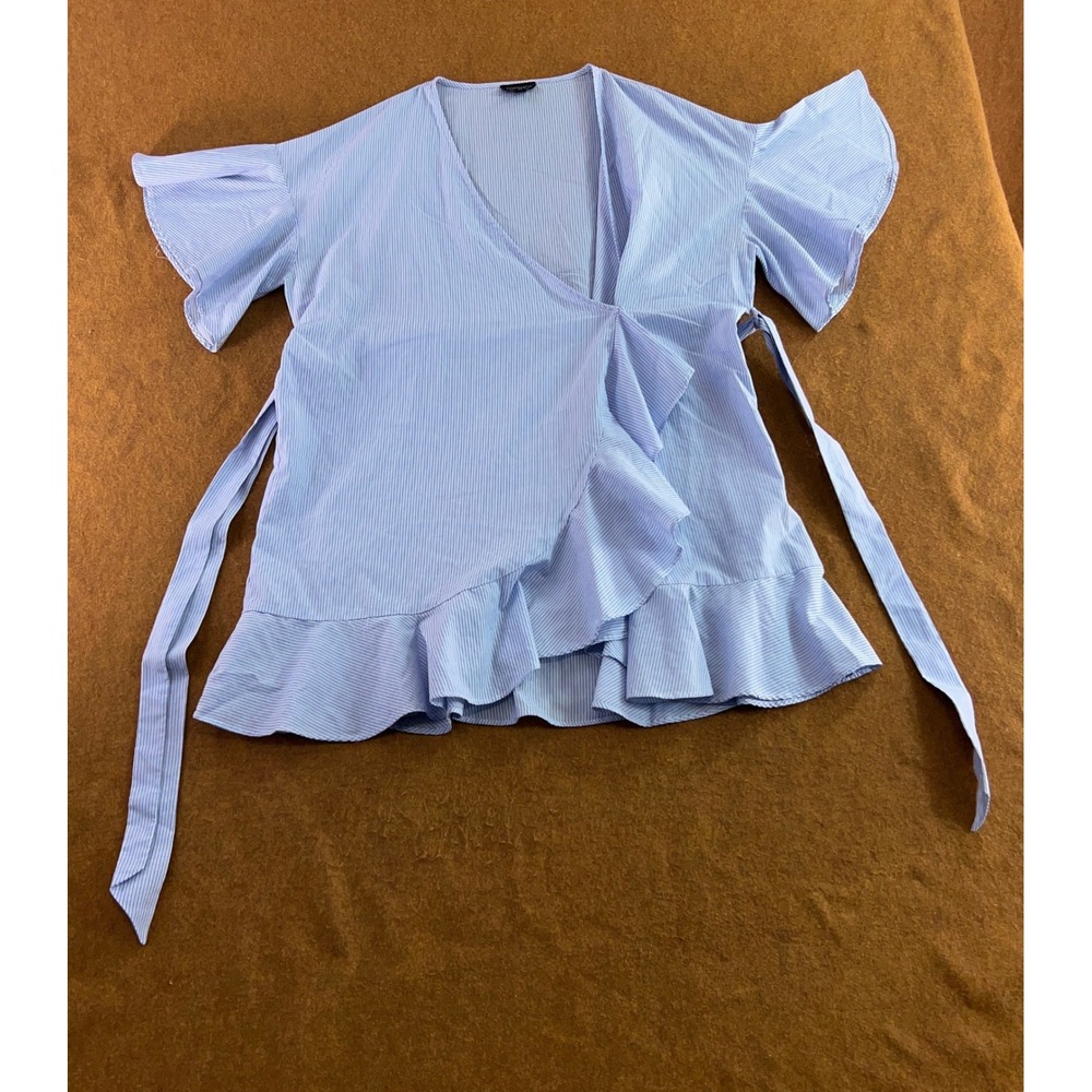 Topshop Womens 12 Blue Striped Ruffle Wrap Flutter Sleeve Blouse New
